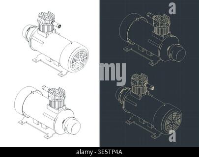 Industrial air compressor with electric motor isometric drawing stylized vector illustrations Stock Vector