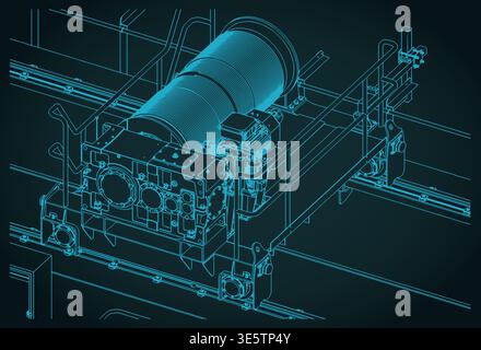 Double girder crane trolley and hoist unit isometric blueprint close up stylized vector illustrations Stock Vector