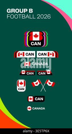 Canadian Football Team Representing Group B with Dynamic 2026 Tournament Flags and Graphic Elements, Vibrant and Modern. Football 2026 flag vector set Stock Vector
