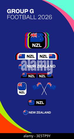New Zealand Football 2026 Group G Team Flags and Badges Vector Illustration for Sports Tournament Announcement Design. Football 2026 flag vector set. Stock Vector