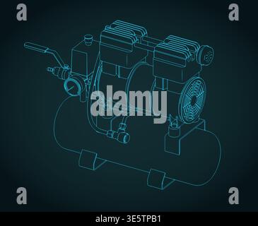 Portable air compressor unit with a horizontal tank isometric blueprint stylized vector illustration Stock Vector