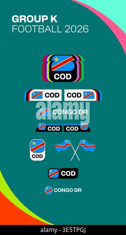 Dynamic Congo DR National Football Flag Icons Representing Group K for the 2026 Tournament Event, Ideal for Sports Announcements. Football 2026 flag v Stock Vector