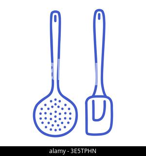 Skimmer and spatula in blue line art style. Hand drawn icon. Outline vector isolated illustration.  Stock Vector