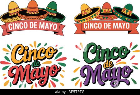 Cinco de Mayo Festive Sombrero and Typography Vector Set Stock Vector