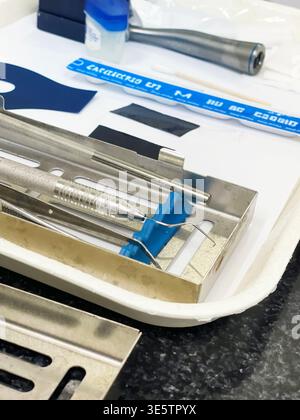 A set of dental tools in a tray on a white background Stock Photo