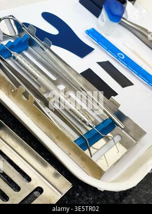 A set of dental tools in a tray on a white background Stock Photo