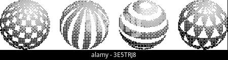 Pixel sphere shape collection. Bitmap 3D globe form set. Dither circle element pack for graphic design, banner, poster, leaflet. Rasterized effect halftone ball pack. Vector Y2K geometric orb bundle Stock Vector
