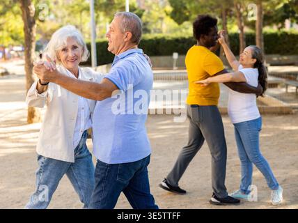 Carefree senior multiracial couples dancing in pairs outdoors during sunny day at park Stock Photo