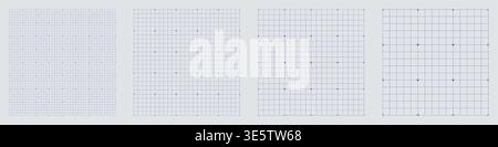 Square grid collection Star Line micro geometry, four samples blueprint style. Broken stroke lattice structure, interface layouts editorial planning sheets dashboards digital technology graphics. Stock Vector