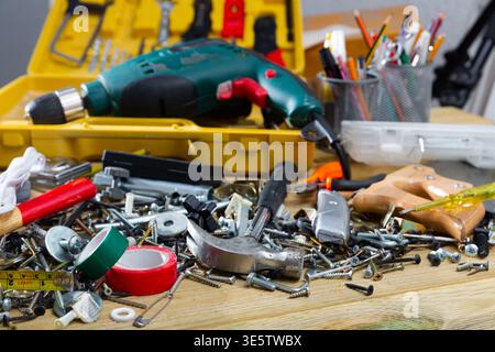 Repair tools on wooden background Stock Photo