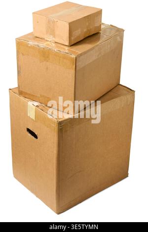 stack of closed brown used cardboard boxes isolated white background, multiple shipping cartons in different sizes, side view Stock Photo