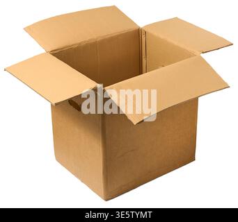 empty open large brown cardboard box isolated white background, mock-up template of deep shipping container with side handles, side view Stock Photo