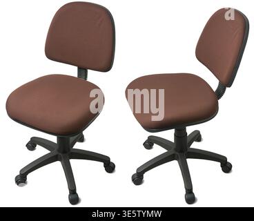 set of office chairs with brown fabric isolated white background, black plastic frames ergonomic armless desk seating, mock-up template Stock Photo
