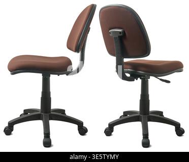 set of office chairs with brown fabric isolated white background, black plastic frames ergonomic armless desk seating, side view of mock-up template Stock Photo