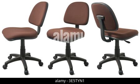 set of office chairs with brown fabric isolated white background, black plastic frames ergonomic armless desk seating, mock-up template Stock Photo