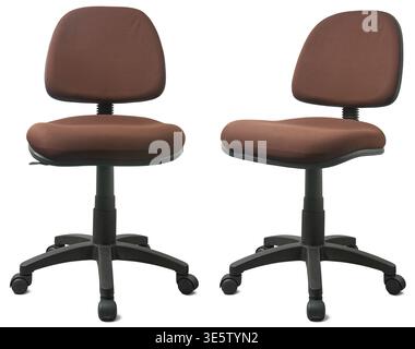 set of office chairs with brown fabric isolated white background, black plastic frames ergonomic armless desk seating, side view of mock-up template Stock Photo
