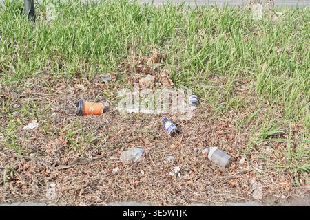 Illegal roadside dumping: plastic cups and glass bottles among green grass. A stark look at environmental neglect in public spaces. Stock Photo
