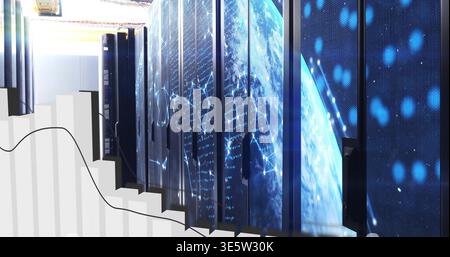 Displaying central server racks featuring LED-globe displays in data center, 3D bar chart overlay Stock Photo
