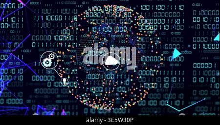 Displaying central dotted globe rotating in virtual network, with cloud, gear nodes, binary Stock Photo