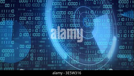 Displaying HUD radar element with reticle pulsing at center on data dashboard, showing binary grid Stock Photo