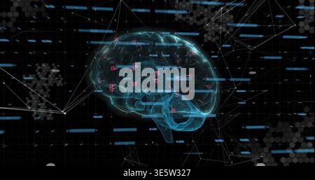 Displaying cyan wireframe brain floating in virtual grid, with red markers and white links Stock Photo