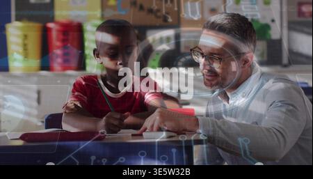 Pointing light-shirted teacher leaning over child in red shirt writing on worksheet in class, HUD Stock Photo