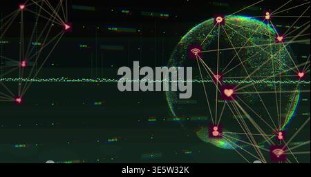 Displaying point cloud globe with triangular node links on digital dashboard, with dotted waveform Stock Photo