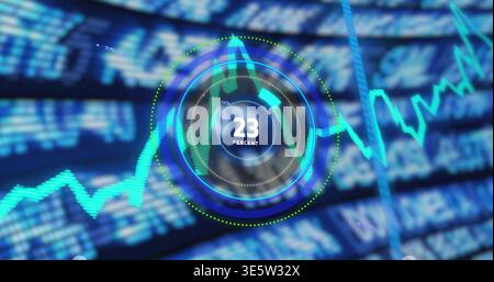 Displaying central circular HUD showing 23 PERCENT on digital dashboard, with neon teal line graph Stock Photo