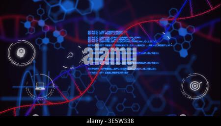 Displaying red and blue double-helix DNA strand crossing dark interface, with code and HUD icons Stock Photo