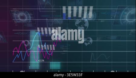 Displaying centered data panel on dark teal grid showing magenta line and cyan filled area, +2 Stock Photo