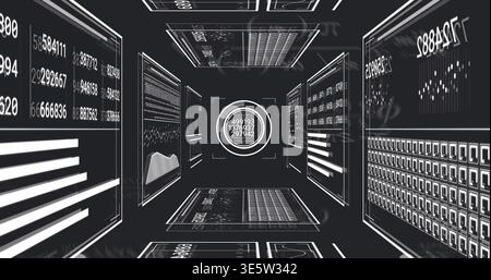 Pulsing central HUD target rotating in data tunnel with floating panels, showing numeric readouts Stock Photo