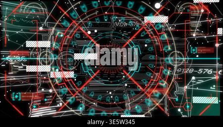 Displaying central reticle showing chip map on HUD with red-cyan rings, circuit traces, nodes Stock Photo