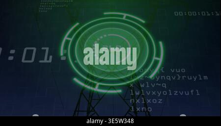 Projecting green HUD displaying readout 260 over deep-blue grid, showing tower and code overlays Stock Photo