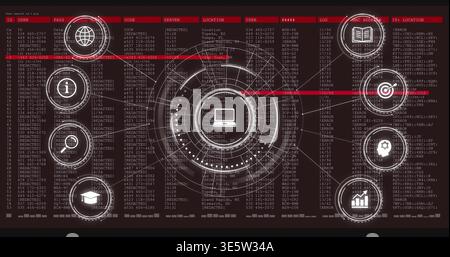 Displaying central concentric HUD with card-shaped icon on dark red dashboard, showing columns Stock Photo