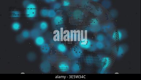 Rotating stylized globe forming from halftone dots with glowing cyan bokeh nodes on dark backdrop Stock Photo