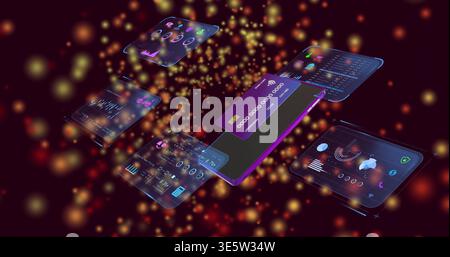Floating smartphone showing purple credit card overlay in virtual space with holographic panels Stock Photo