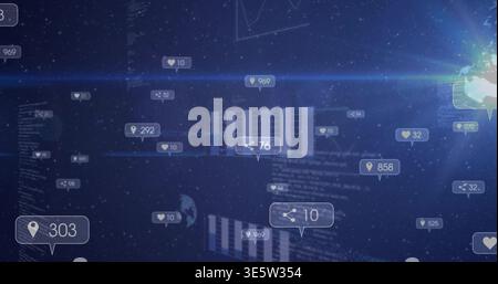 Floating data cluster occupying center in virtual 3D space, with UI tags, bars, code, glowing globe Stock Photo