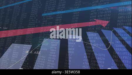 Displaying abstract financial chart on terminal showing 3D bars, red upward arrow, trend line ERROR Stock Photo