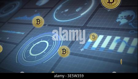Floating gold Bitcoin token cluster hovering over finance dashboard with radar UI, bar chart Stock Photo