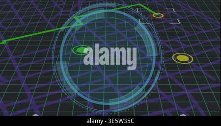 Dominating large blue HUD ring sitting on hologram, showing purple grid, neon path, colored markers Stock Photo