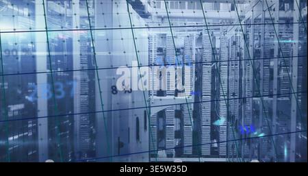 Displaying rows of server racks glowing in data center, with translucent grid overlay and cables Stock Photo