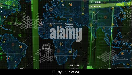 Displaying blue global map showing data on control room panel, with hex clusters, warning icons Stock Photo