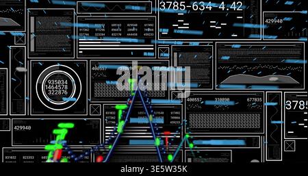 Displaying central multisegmented line graph with red and green nodes moving across dark dashboard Stock Photo