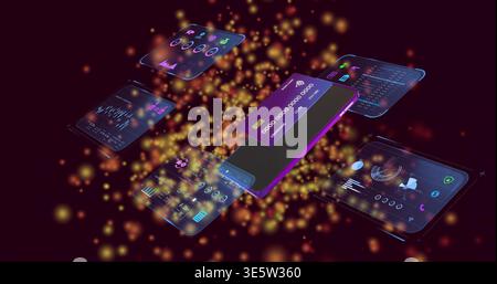Displaying central smartphone showing purple payment card in virtual void, with holographic panels Stock Photo
