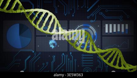 Dominating green DNA double helix running diagonally across digital lab, with data panels Stock Photo