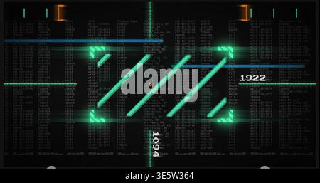 Displaying cluster of four cyan diagonal arrow bars forming ascending pattern on HUD, with readouts Stock Photo