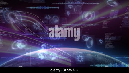 Showing planetary limb glowing teal-purple in low orbit, with UI panels, glyphs and light ribbons Stock Photo