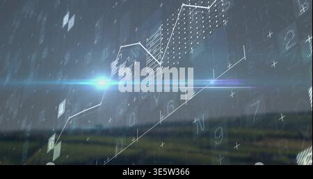 Displaying hologram line chart rising over rural fields, showing nodes, grid, plus signs, flare Stock Photo