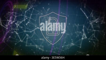 Protecting outlined shield with padlock glowing in digital network space, with nodes and grid Stock Photo
