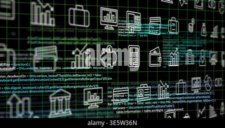 Floating white icons and green code forming dashboard on grid, briefcase monitor padlock bar chart Stock Photo